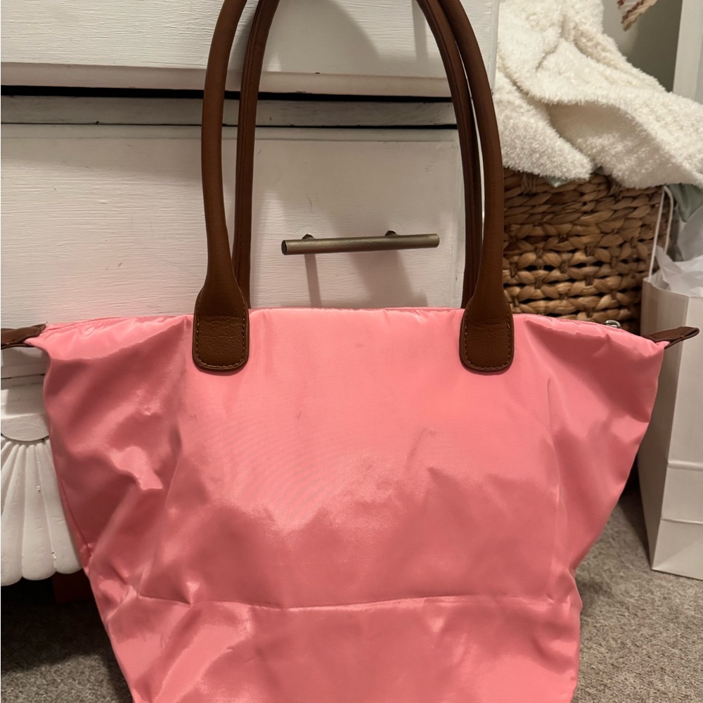 No Boundaries Pink Tote with Brown Handles